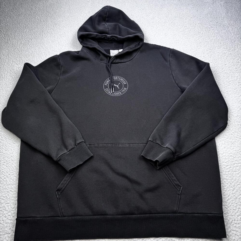 Puma Hoodie Mens 2XL Black Sportswear Established 1948 Logo Pullover Sweatshirt